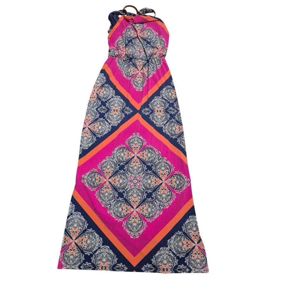 Roz & Ali Womens Pink Navy Blue Paisley Geometric Halter Maxi Dress Size 4 Boho